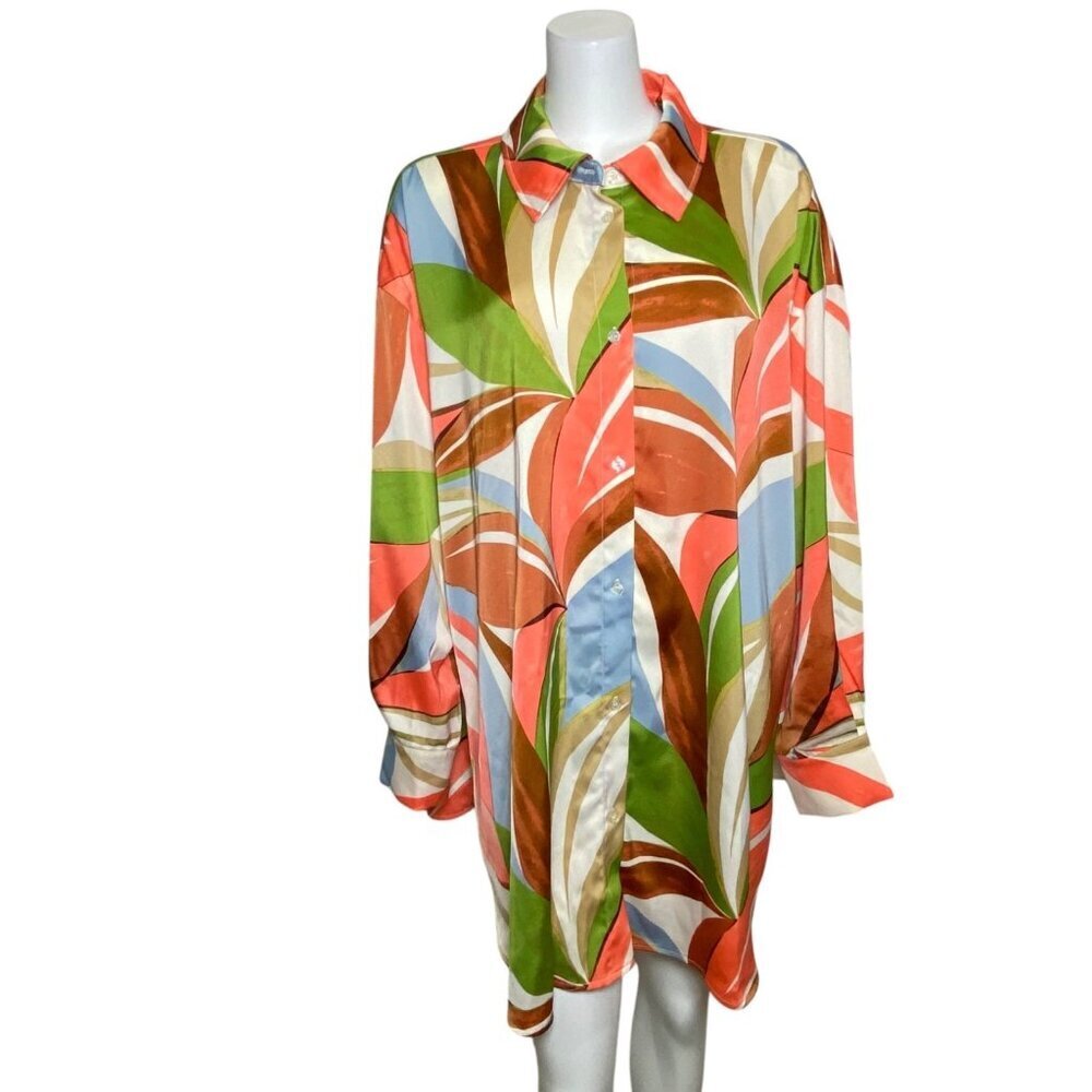 Nina Parker Button Up Tunic Shirt Womens Size 3X Long Sleeve Green Orange Floral